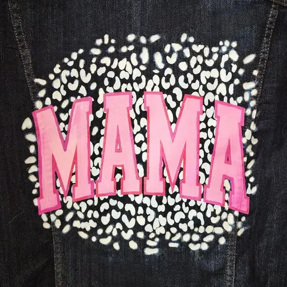 Mama Leopard Design Custom Upcycled Jean Jacket, Women's L